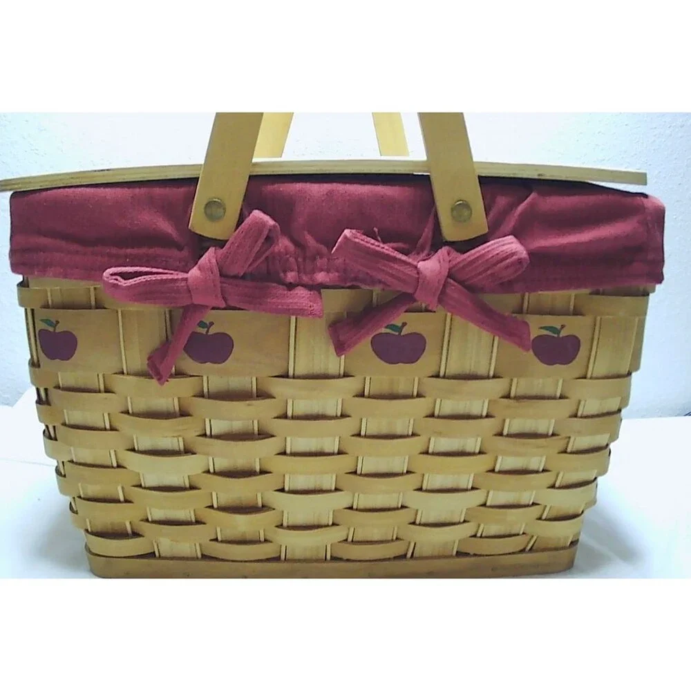 Vintage Longaberger Basket w/Apple Motif Lid, Handles, Fabric Liner 12x8x8.5